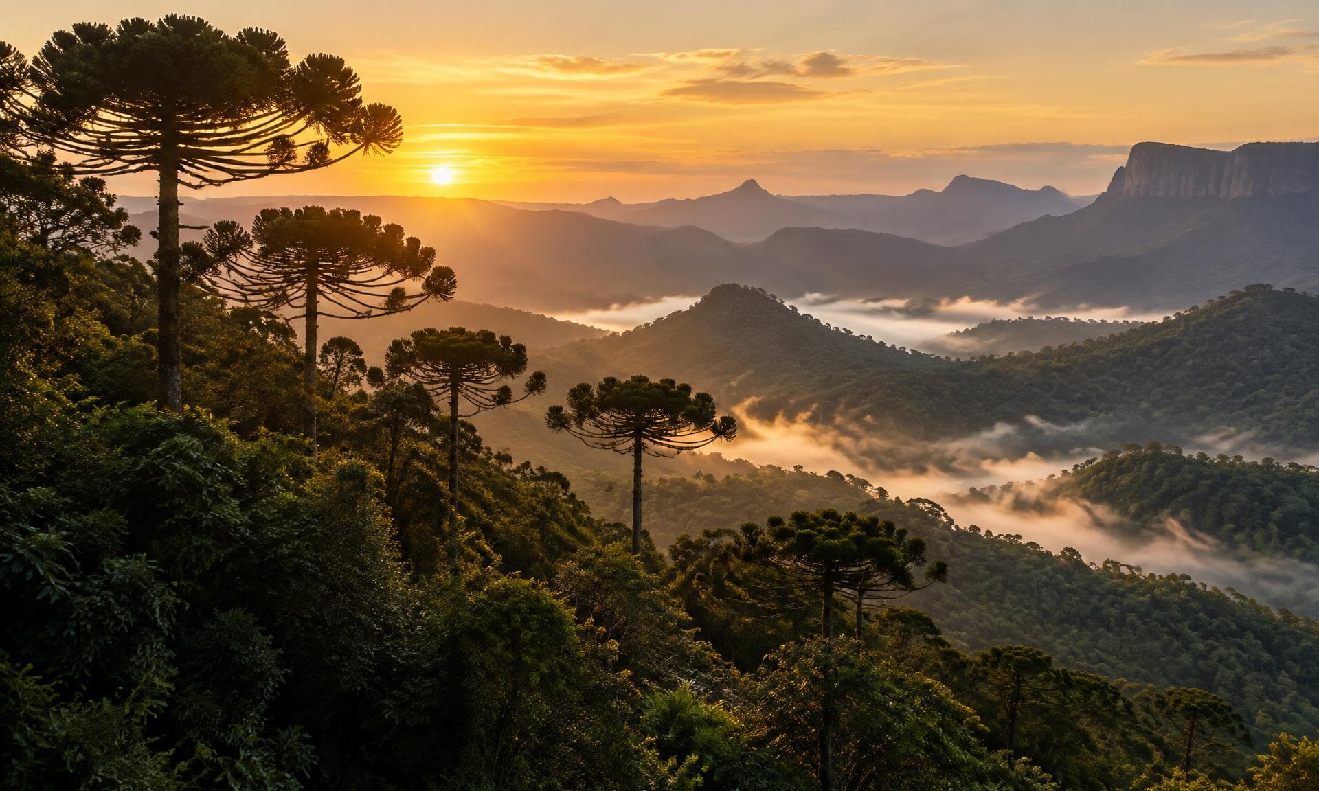 Araucárias e montanhas do Paraná ao amanhecer